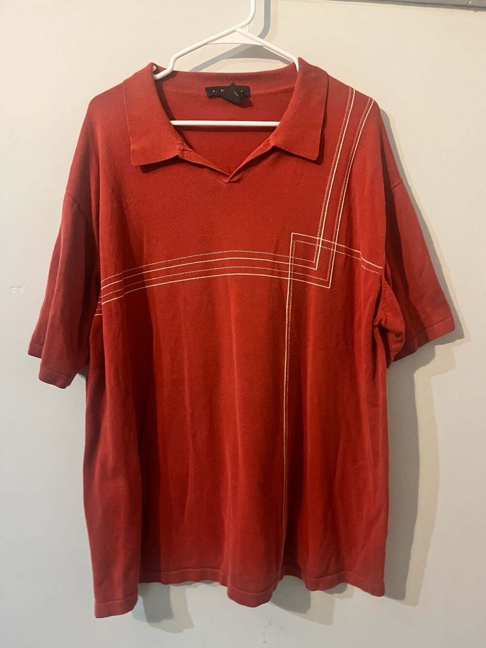 J. Ferrar Men's Red Short Sleeve Knit Polo Shirt with White Geometric Stitch Det